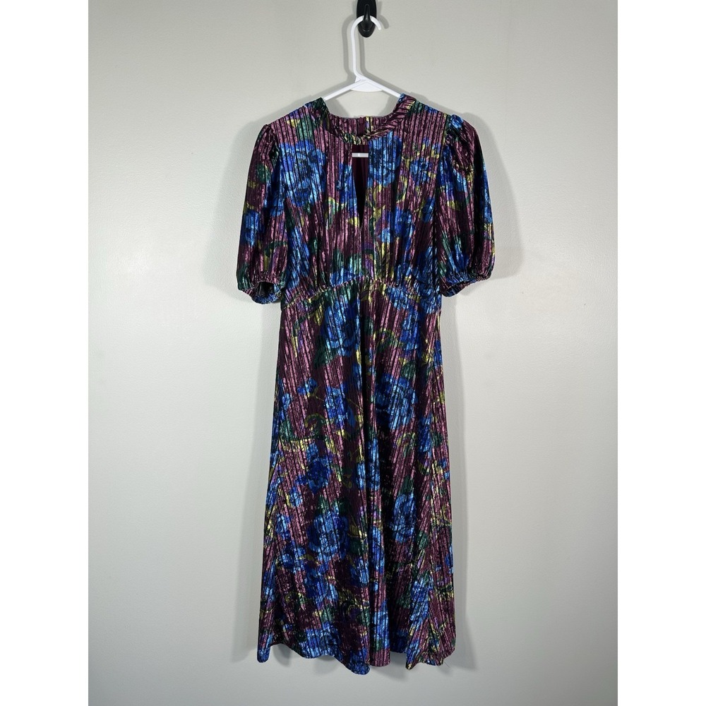 Maggie London Dress Womens 6 Purple Blue Floral Velvet Midi Keyhole